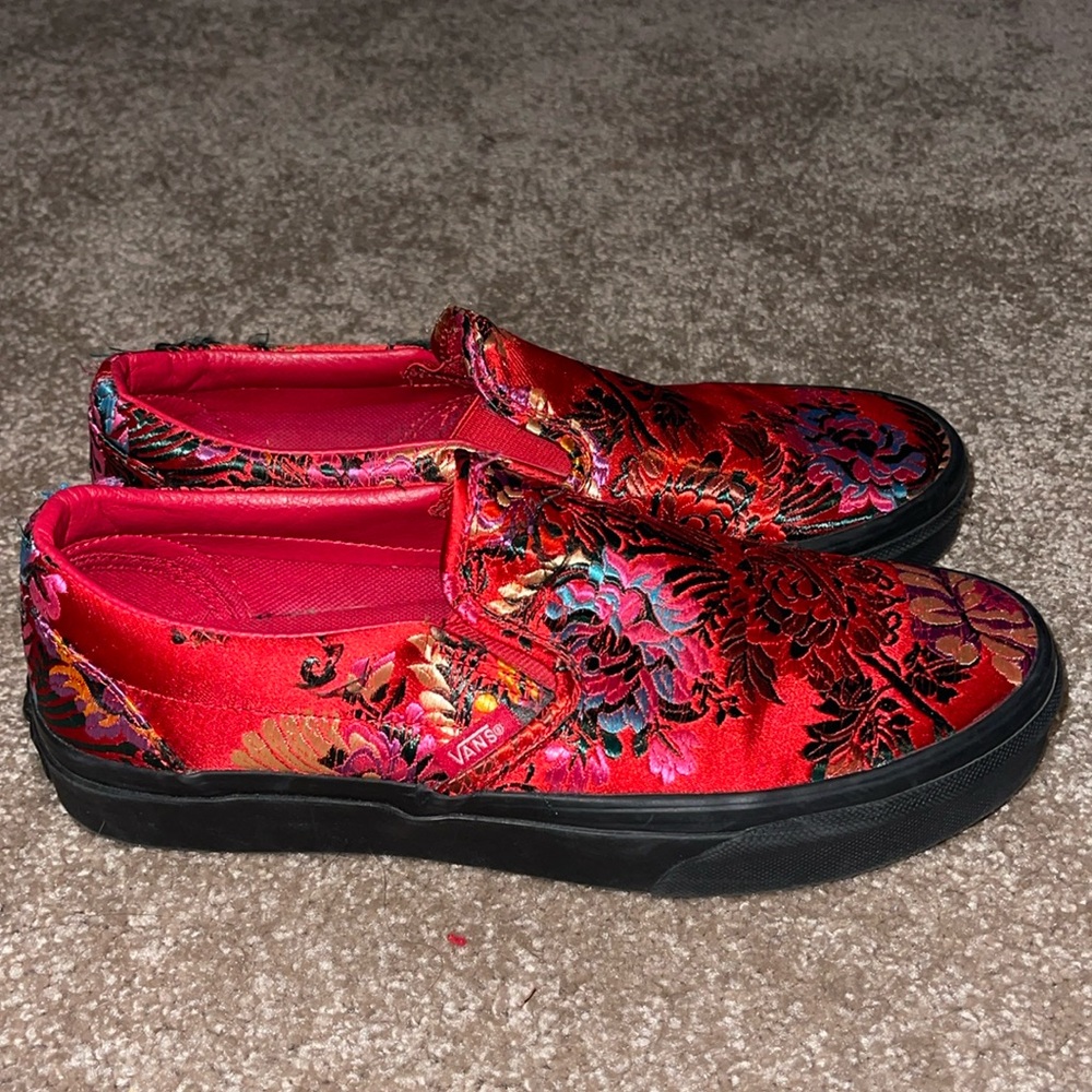 Vans Women's Red Floral Brocade Slip-On Sneakers